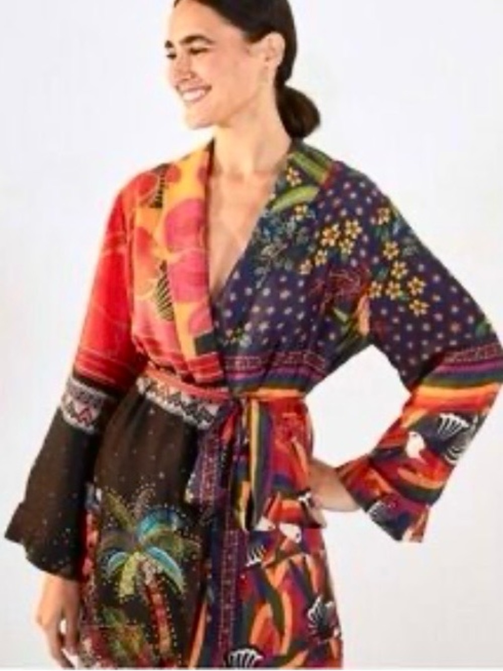 NEW FARM Rio Mix Scarves Kimono Patchwork Print Tropical Colorful Belt Size S